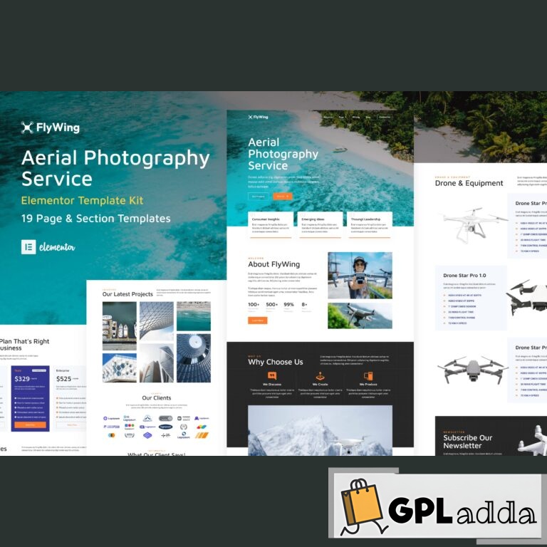 FlyWing - Drone Aerial Video & Photography WordPress Elementor Template Kit